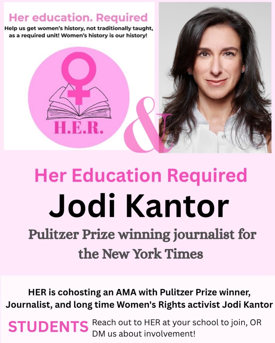 Promotional graphic: Her Education Required AMA with journalist Jodi Kantor